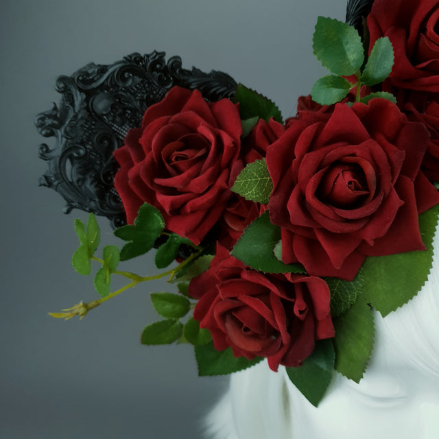 "Belladonna" Red Rose & Filigree Ears Fascinator Hat Headdress