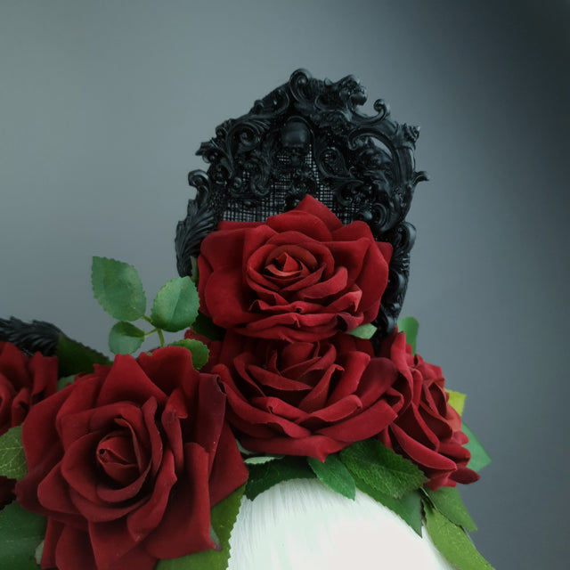 "Belladonna" Red Rose & Filigree Ears Fascinator Hat Headdress