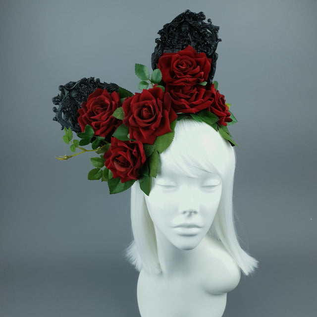 "Belladonna" Red Rose & Filigree Ears Fascinator Hat Headdress