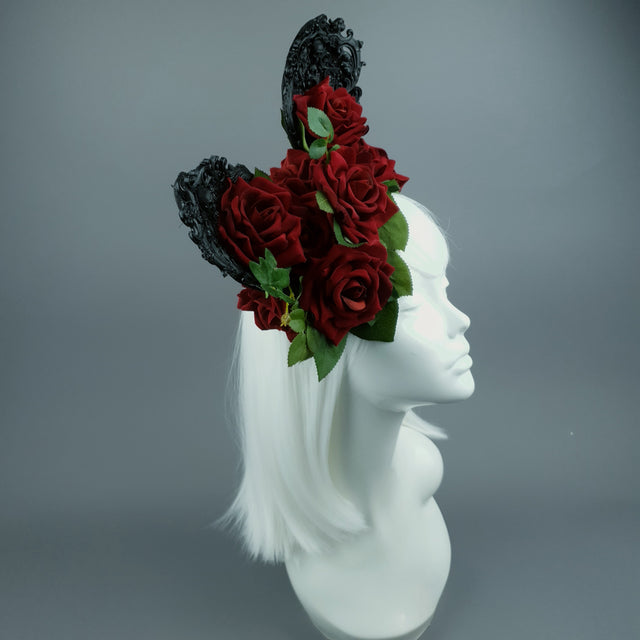 "Belladonna" Red Rose & Filigree Ears Fascinator Hat Headdress