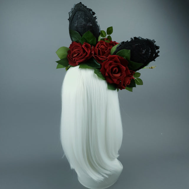 "Belladonna" Red Rose & Filigree Ears Fascinator Hat Headdress