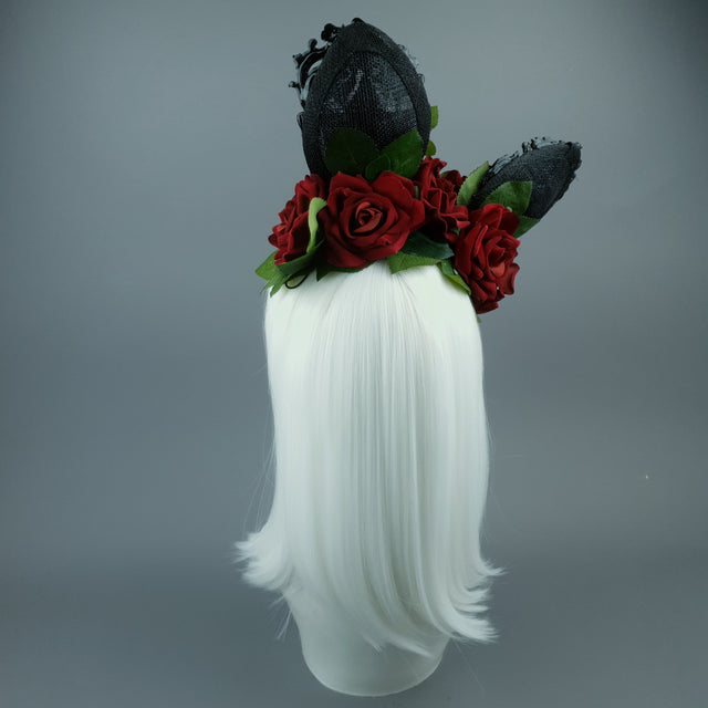 "Belladonna" Red Rose & Filigree Ears Fascinator Hat Headdress