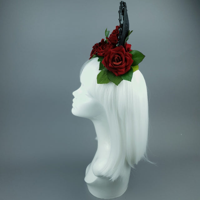 "Belladonna" Red Rose & Filigree Ears Fascinator Hat Headdress