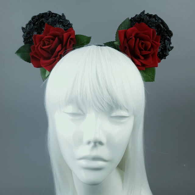 "Dead Cute" Red Rose & Filigree Ears Headdress