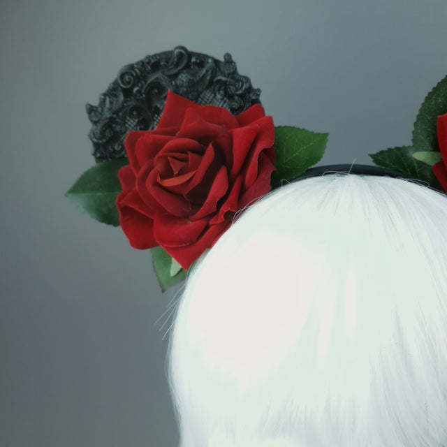 "Dead Cute" Red Rose & Filigree Ears Headdress