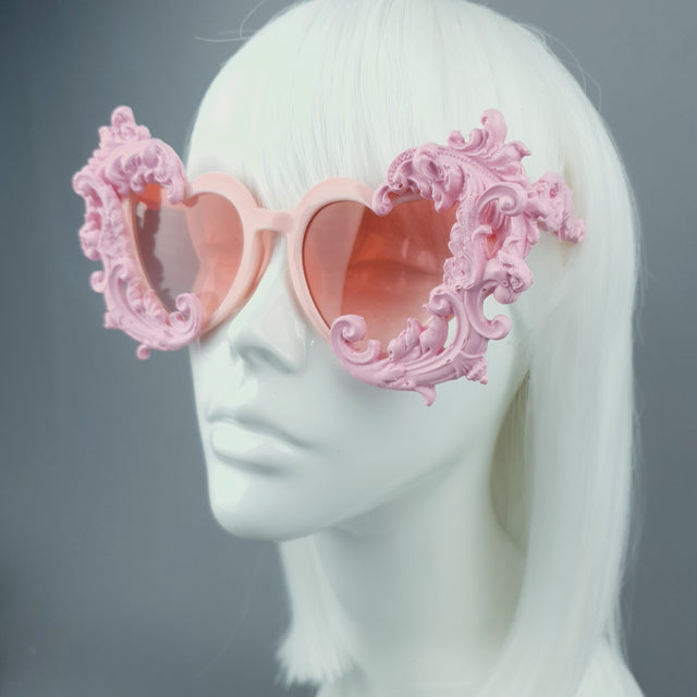 "Anzu" Pastel Pink Filigree Heart Shaped Sunglasses
