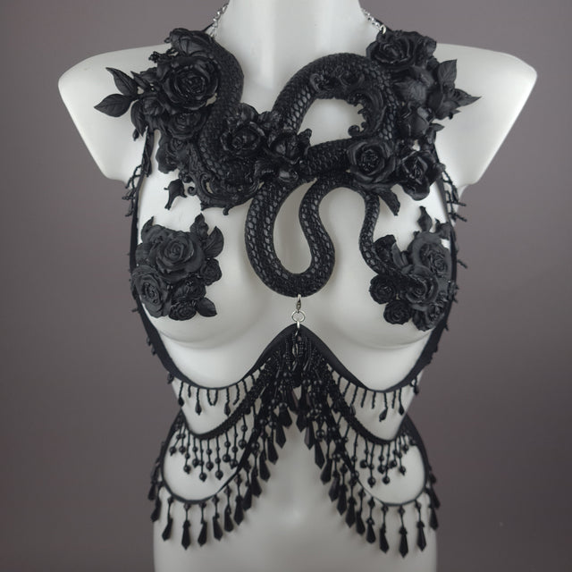 "Manasa" Black Snake & Roses Harness Body Jewellery & Pasties.