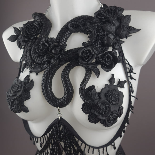 "Manasa" Black Snake & Roses Harness Body Jewellery & Pasties.