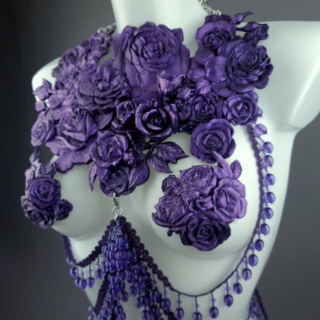 "Psyche" Purple Roses Harness Body Jewellery & Pasties.
