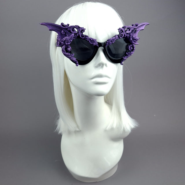 "Bathory" Black & Purple Filigree Ornate Bat Wing & Cherub Sunglasses