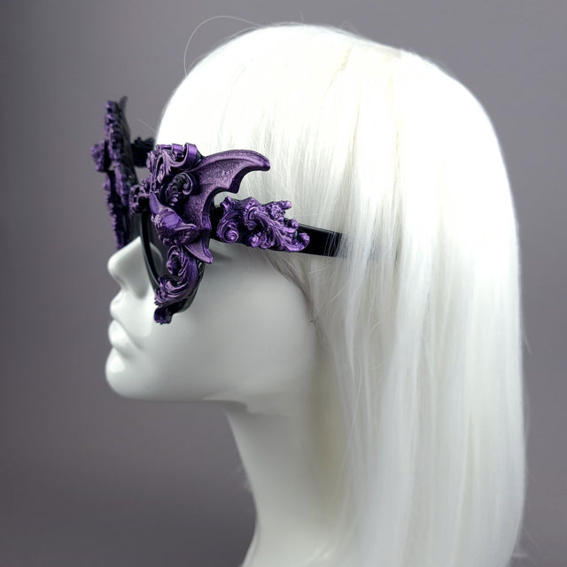 "Bathory" Black & Purple Filigree Ornate Bat Wing & Cherub Sunglasses