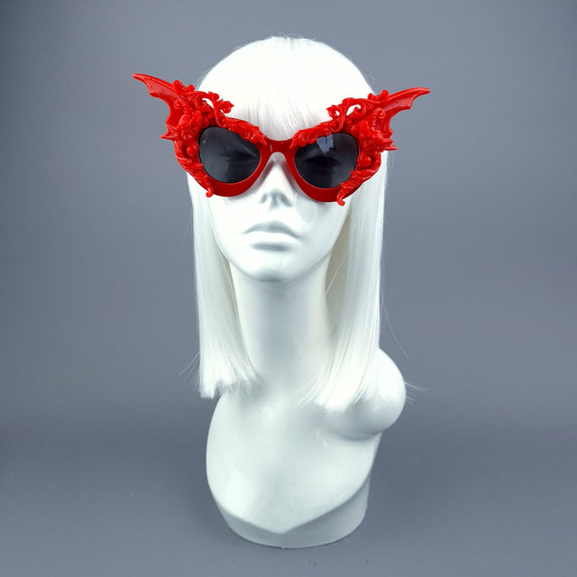 "Bathory" Red Filigree Ornate Bat Wing & Cherub  Sunglasses
