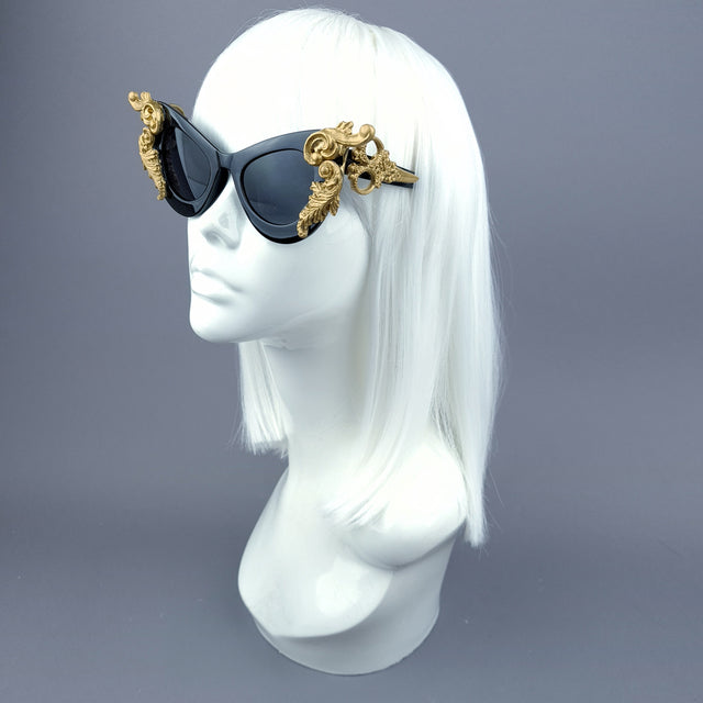 "Amara" Black & Gold Filigree & Scissors Sunglasses
