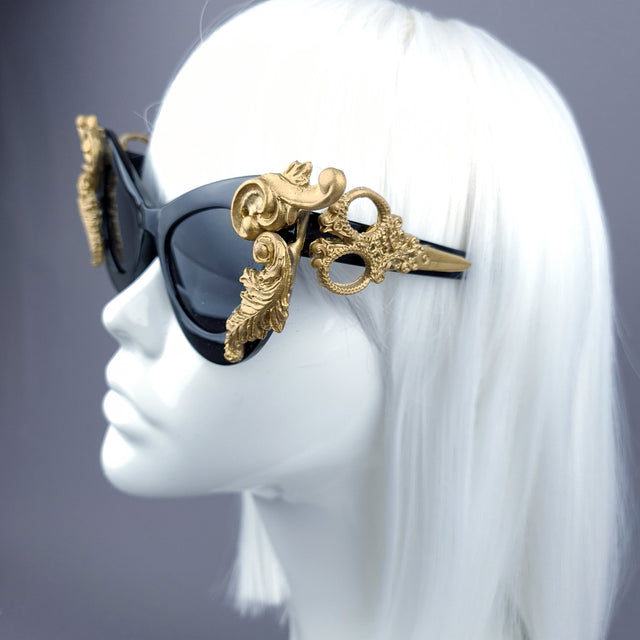 "Amara" Black & Gold Filigree & Scissors Sunglasses