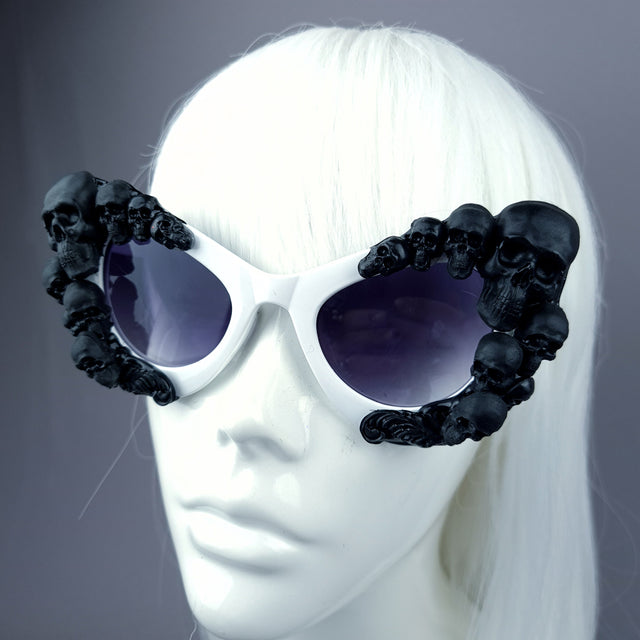 "Phantom" Black Skulls White Cateye Sunglasses