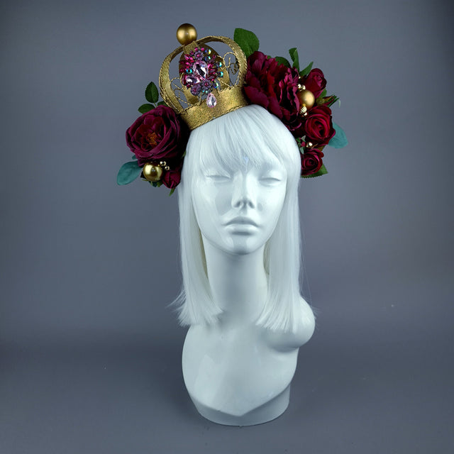 "Teuer" Deep Pink Rose & Crown Headdress