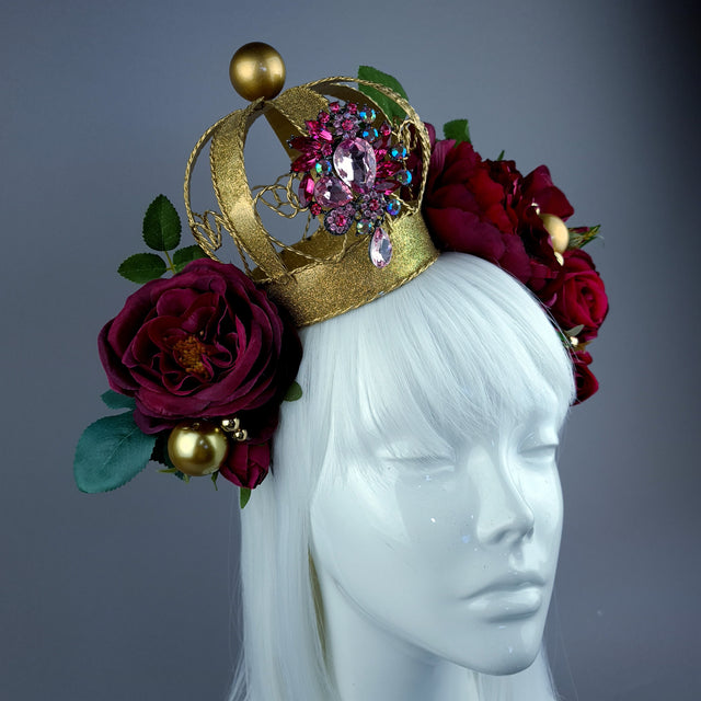 "Teuer" Deep Pink Rose & Crown Headdress