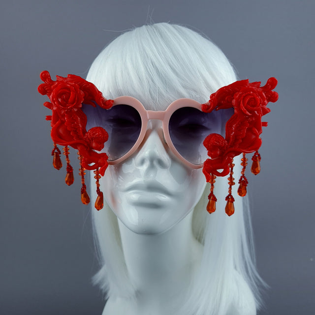 "Seraphina" Pink & Red Cherub, Filigree & Beading Heart Shaped Sunglasses