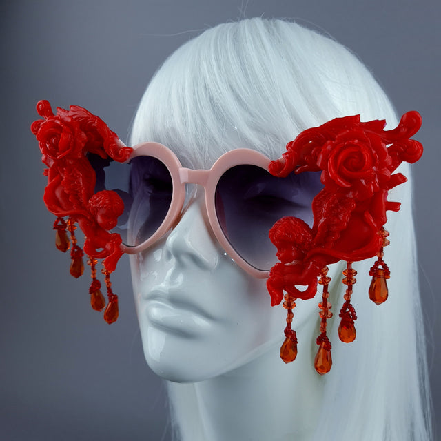 "Seraphina" Pink & Red Cherub, Filigree & Beading Heart Shaped Sunglasses