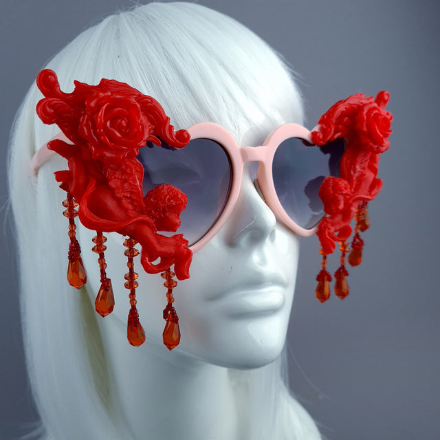 "Seraphina" Pink & Red Cherub, Filigree & Beading Heart Shaped Sunglasses