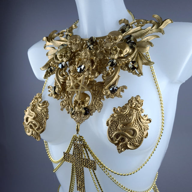 "Astaroth" Gold Skull & Filigree Harness Body Jewellery