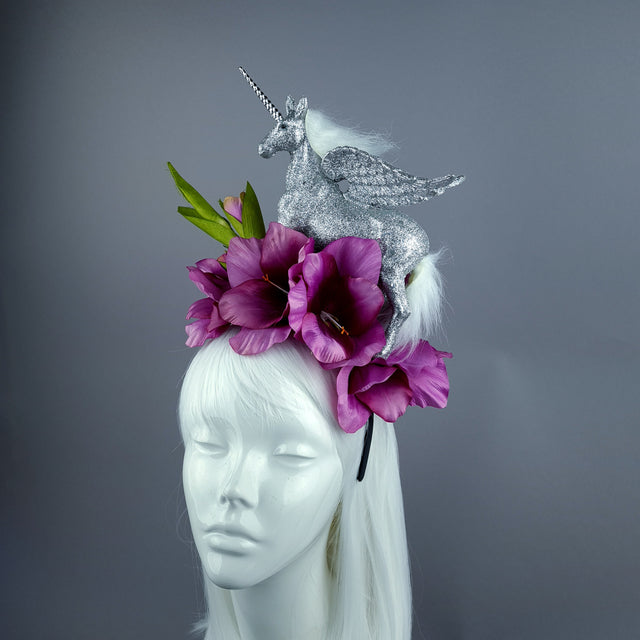 "Somnium" Silver Unicorn & Pink Flower Headdress