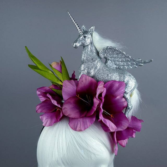 "Somnium" Silver Unicorn & Pink Flower Headdress