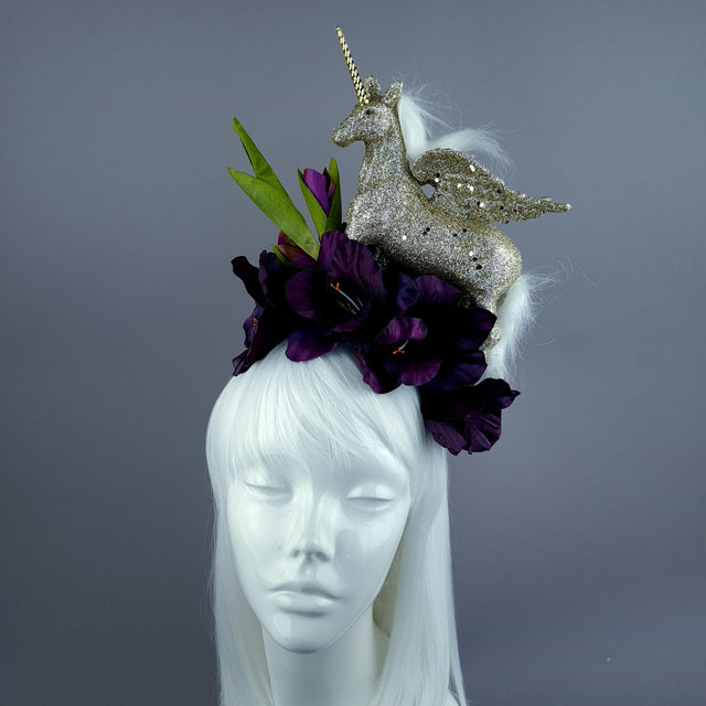 "Somnium" Gold Unicorn & Purple Flower Headdress