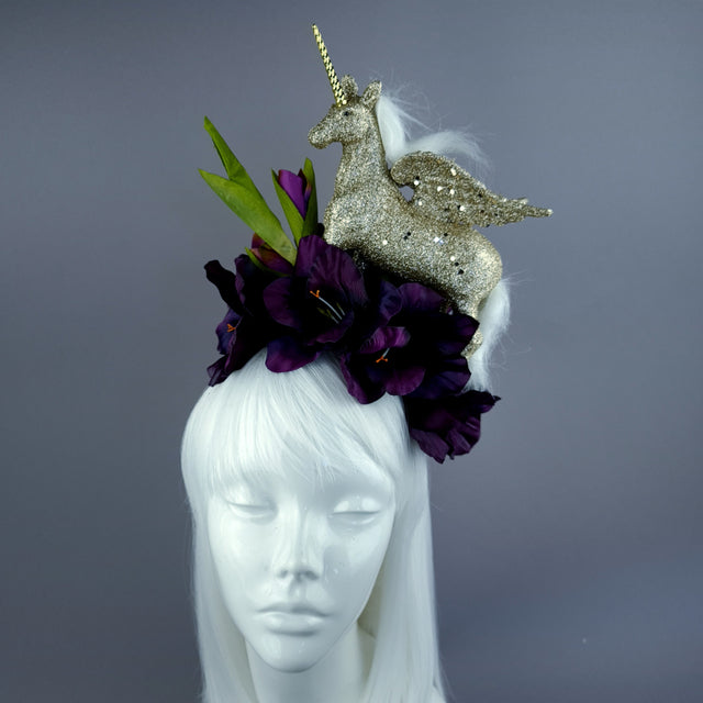 "Somnium" Gold Unicorn & Purple Flower Headdress