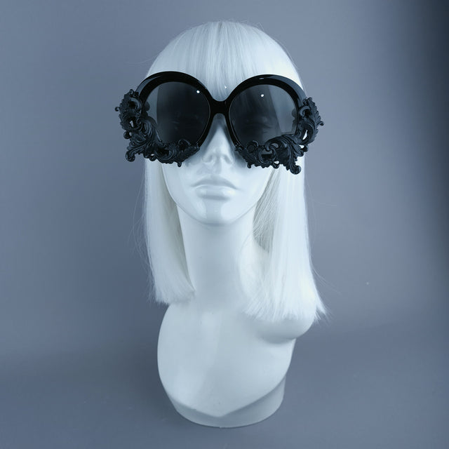 "Iris" Black Filigree Oversized Round Sunglasses
