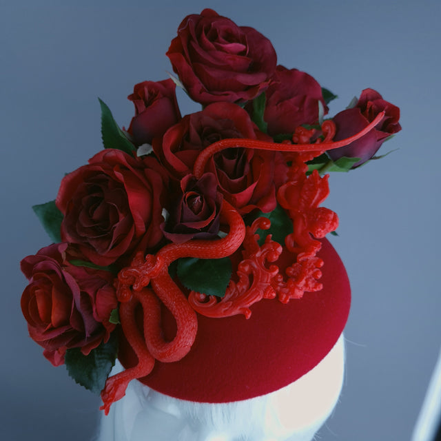 "Rhodanthe" Red Rose, Snake & Filigree Fascinator Hat