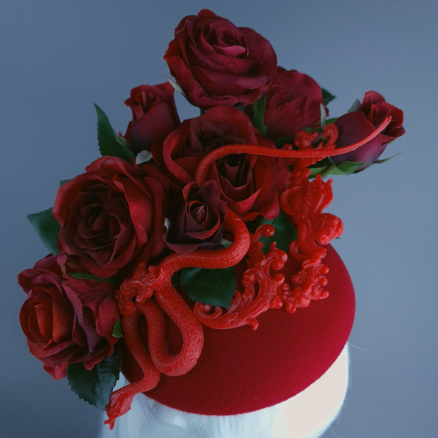 "Rhodanthe" Red Rose, Snake & Filigree Fascinator Hat