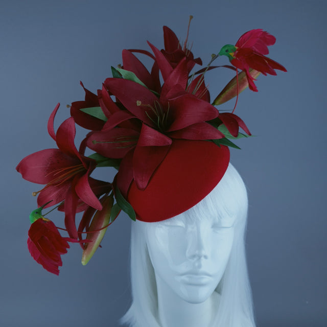 "Innamorato" Red Lily & Hummingbird Fascinator Hat Headdress