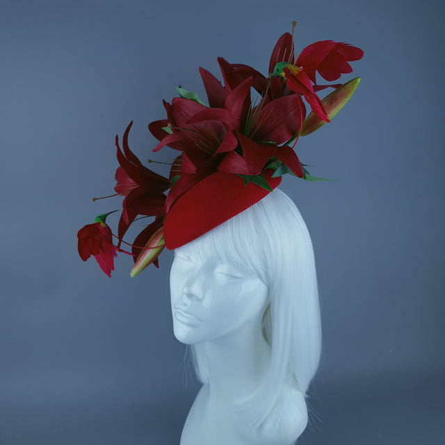 "Innamorato" Red Lily & Hummingbird Fascinator Hat Headdress