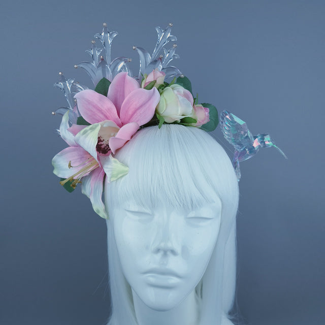 "Letitia" Pink Flower, Jewel & Hummingbird Headband
