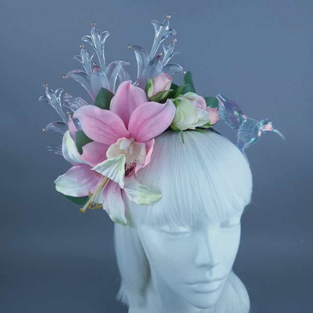"Letitia" Pink Flower, Jewel & Hummingbird Headband