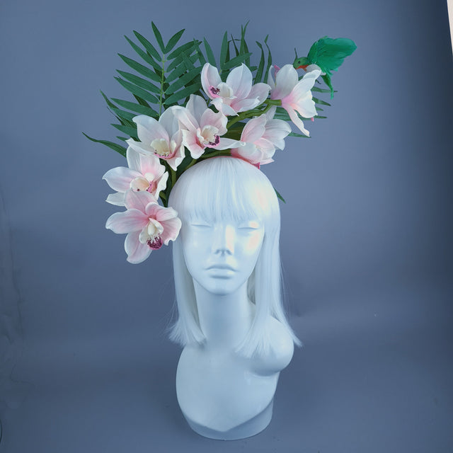 "Calida" Pale Ivory Pink Orchid & Hummingbird Headdress