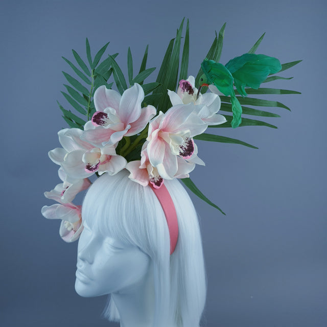 "Calida" Pale Ivory Pink Orchid & Hummingbird Headdress