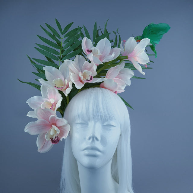 "Calida" Pale Ivory Pink Orchid & Hummingbird Headdress