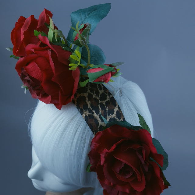 "Edana" Leopard Print and Red Rose Headdress