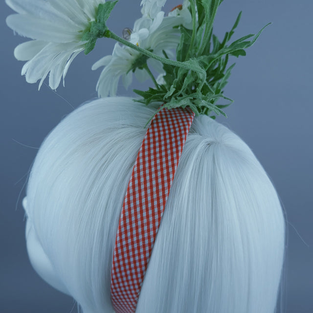 "Picnic" Red Gingham, White Daisy & Bees Headdress