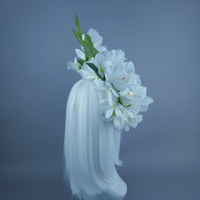 "Zuri" White Gladioli & Frangipani Headdress