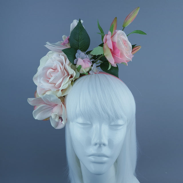 "Urva" Pink/Coral Rose & Flower Headdress