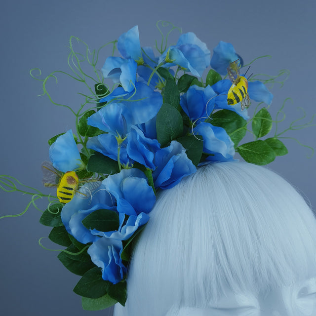 "Rainn" Blue Gingham, Sweet Peas & Bees Headdress