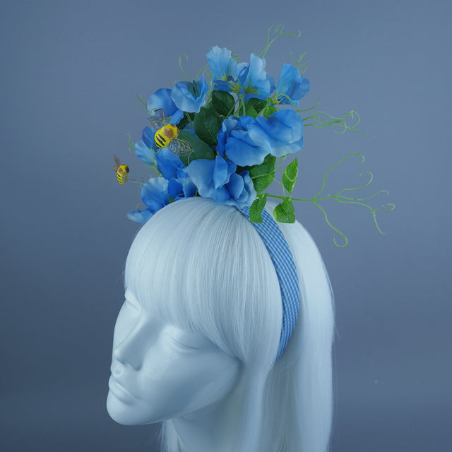 "Rainn" Blue Gingham, Sweet Peas & Bees Headdress