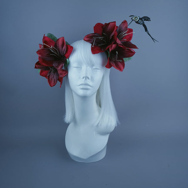 "Ascelin" Black Hummingbird & Red Flower Headdress