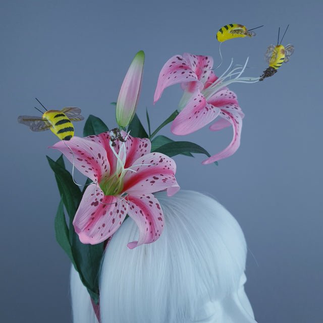 "Ambrosia" Bright Pink Lily & Bees Headdress