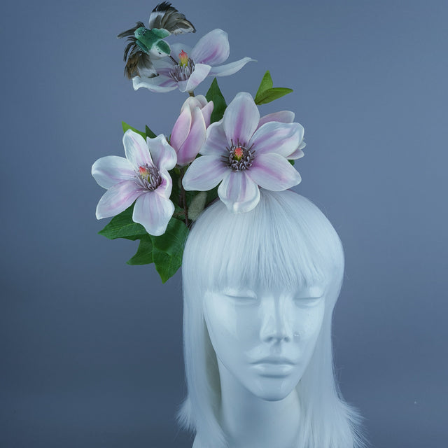 "Mari" Pink Flowers & Hummingbird Headdress