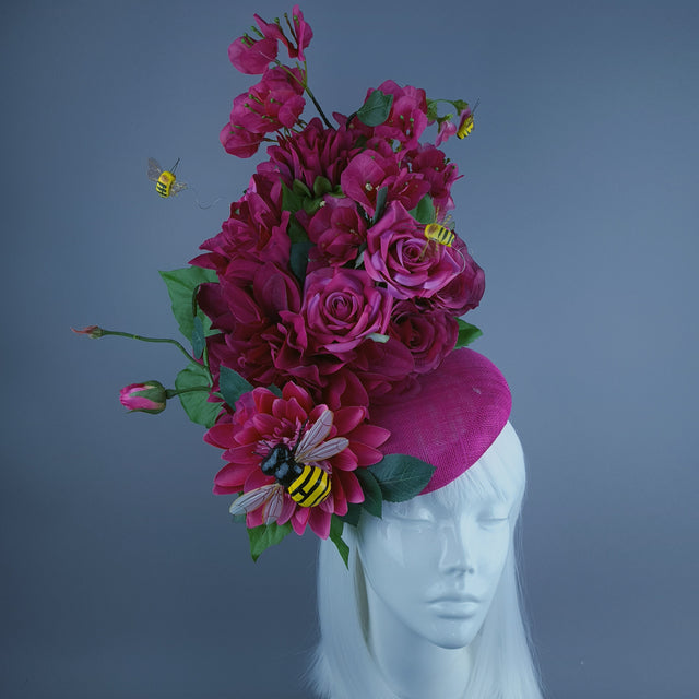 "Julane" Pink Flower & Bee Statement Fascinator Hat
