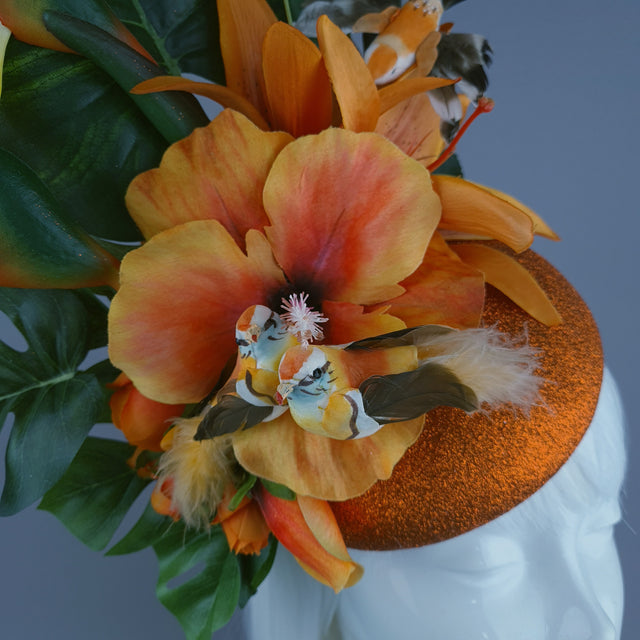 "Paradise" Tropical Orange Flower & Birds Fascinator Hat Headdress